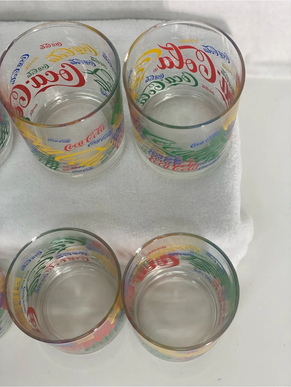 Coca Cola Set of 6 Multicolor Logo Glass 12 ounce Retro Repeated Logo Colorful